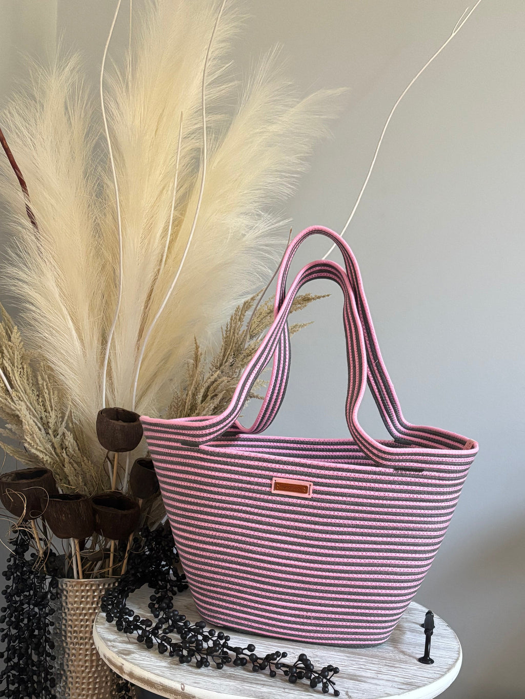Handmade Cotton Tote BAG Gray and Pink bag