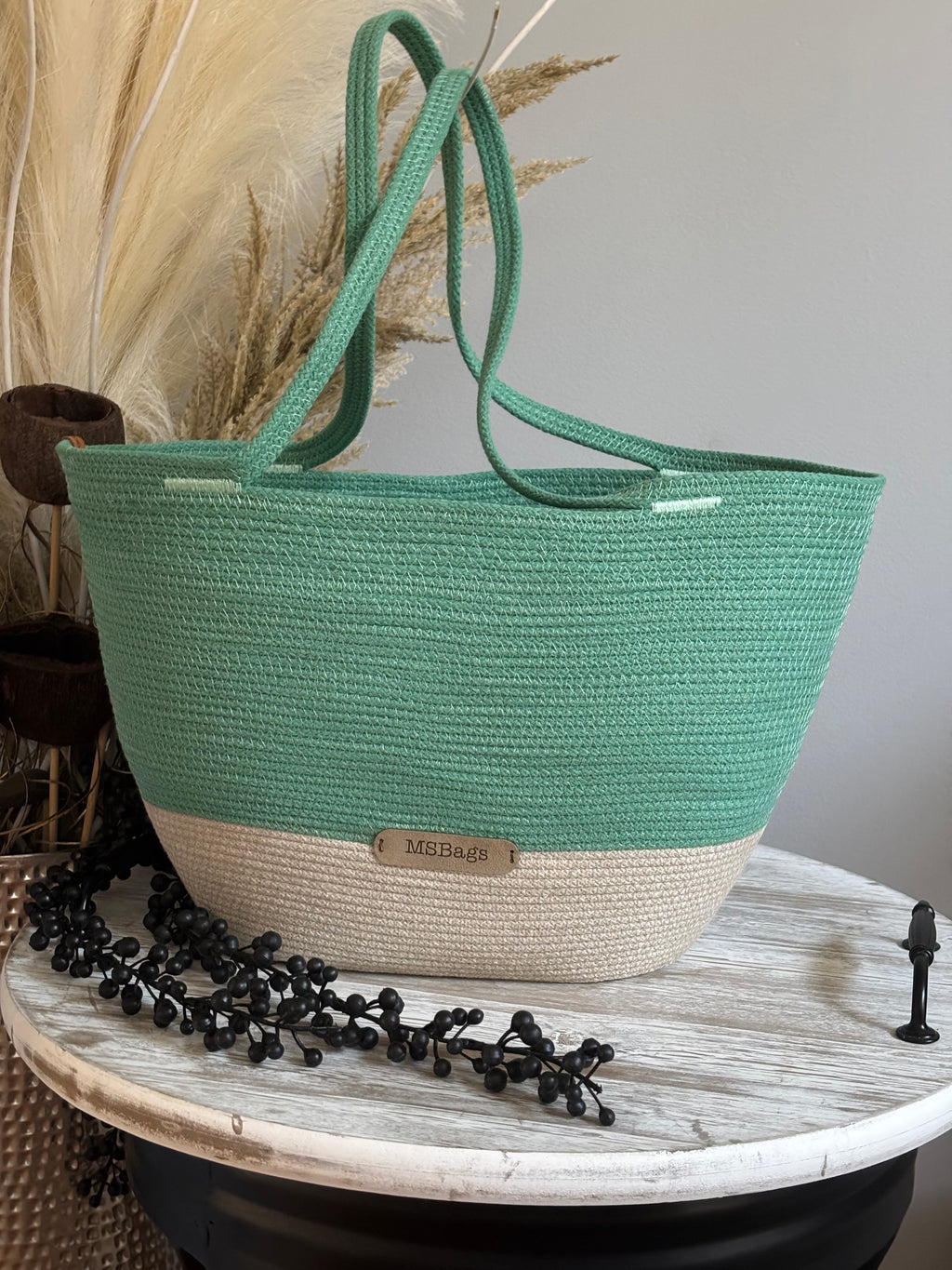 Handmade Cotton Tote BAG Mint and Beige bag