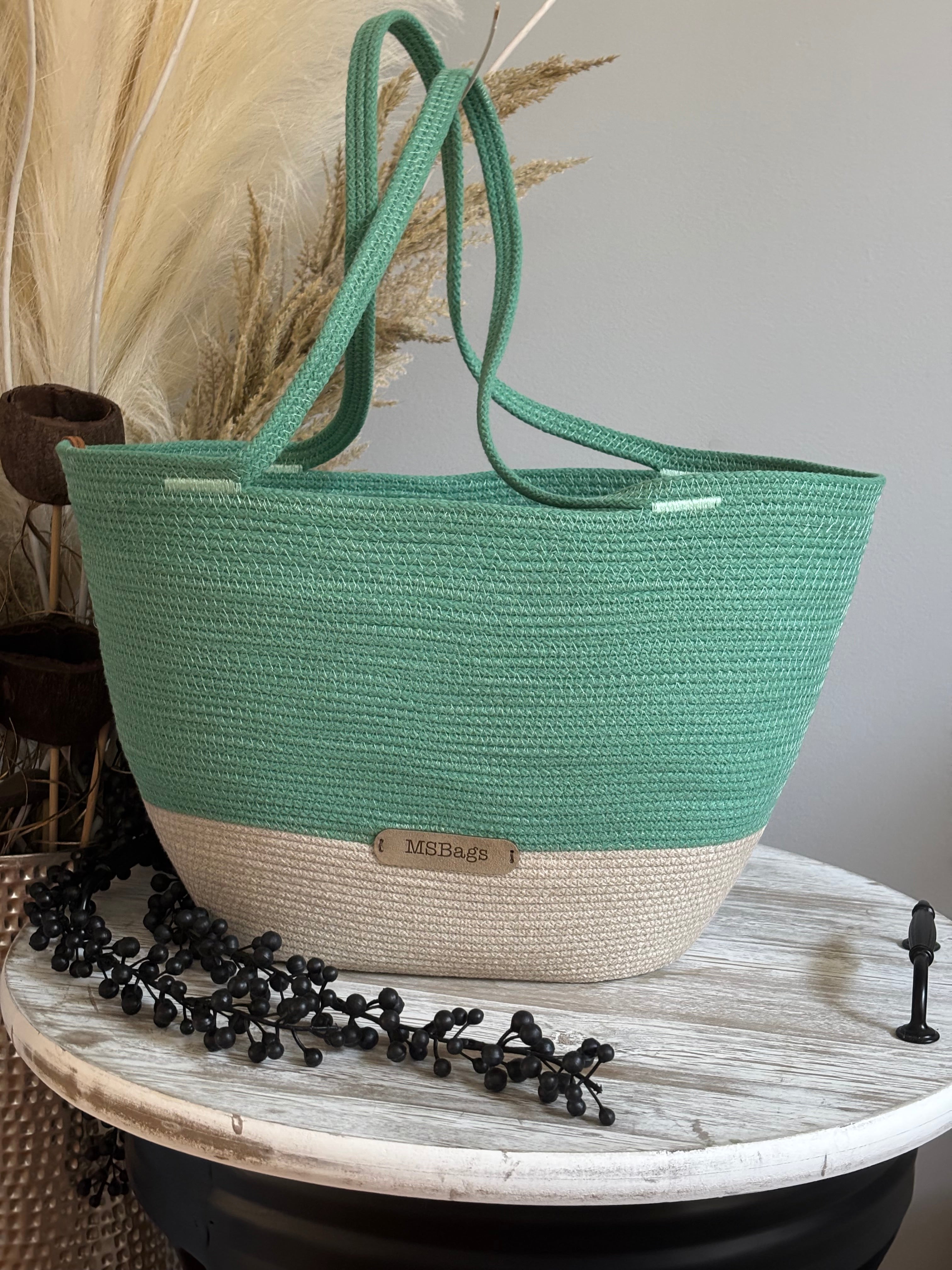 Handmade Cotton Tote BAG Mint and Beige bag