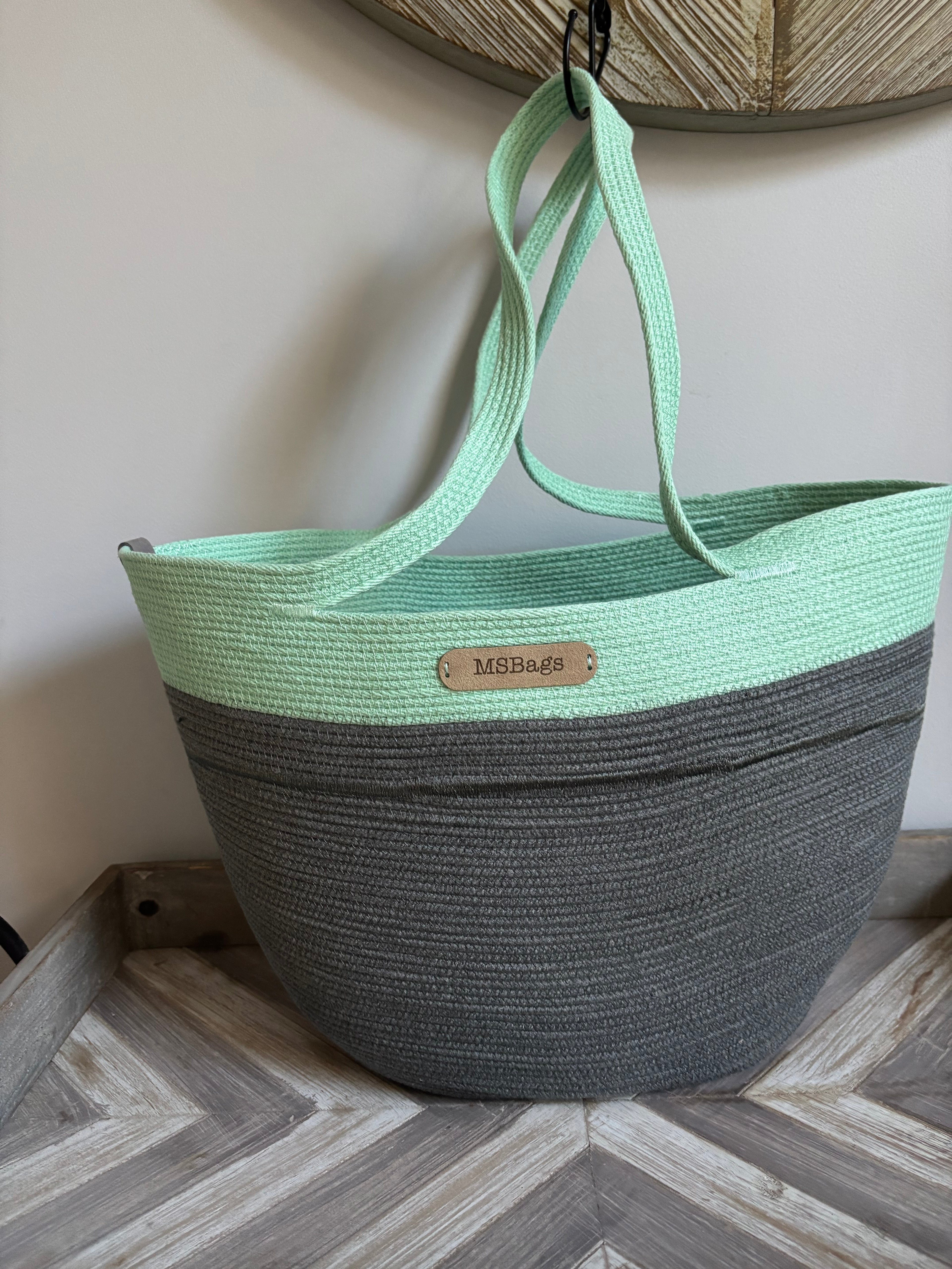 Handmade Cotton Tote BAG Mint and Gray bag