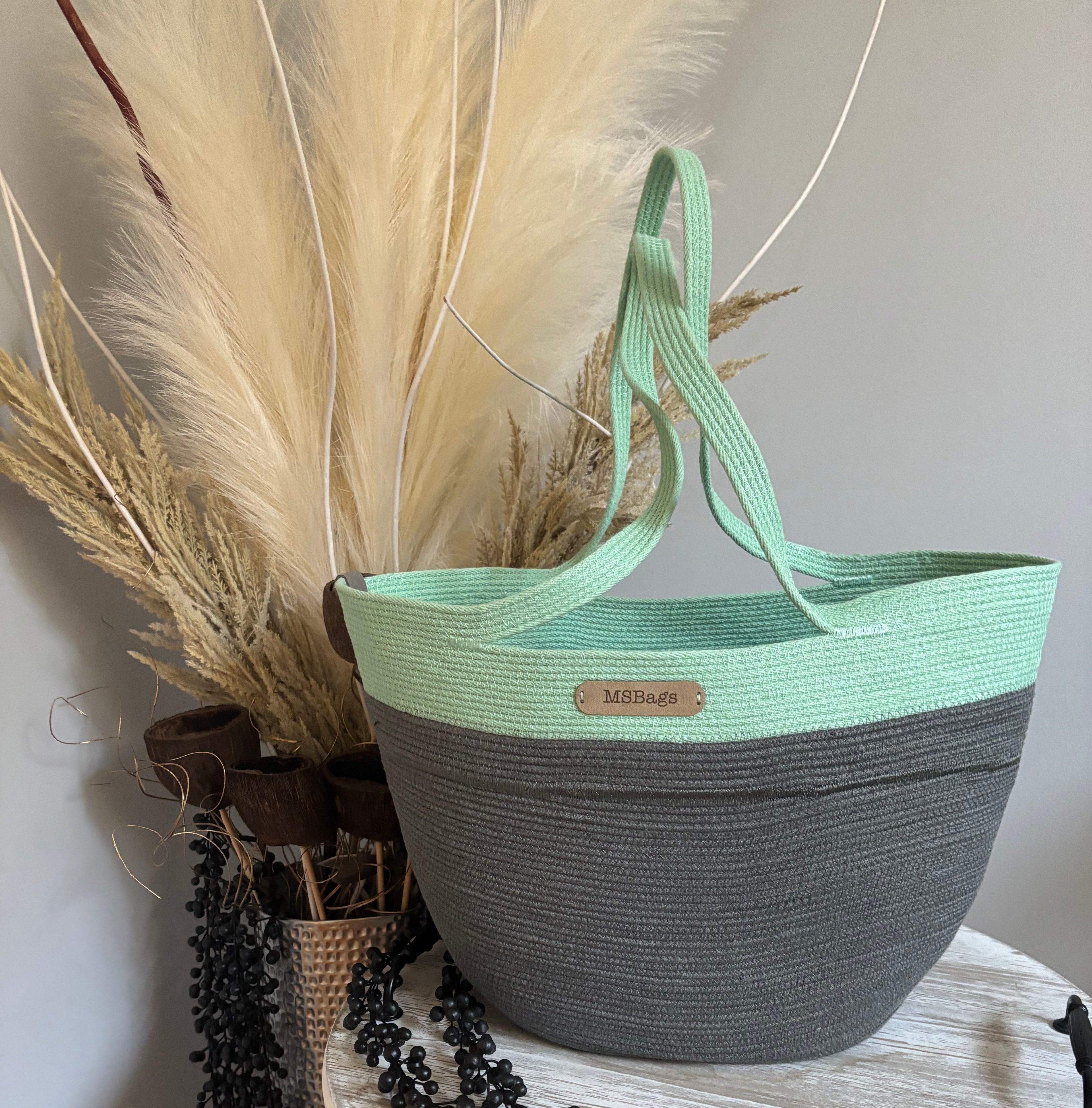 Handmade Cotton Tote BAG Mint and Gray bag