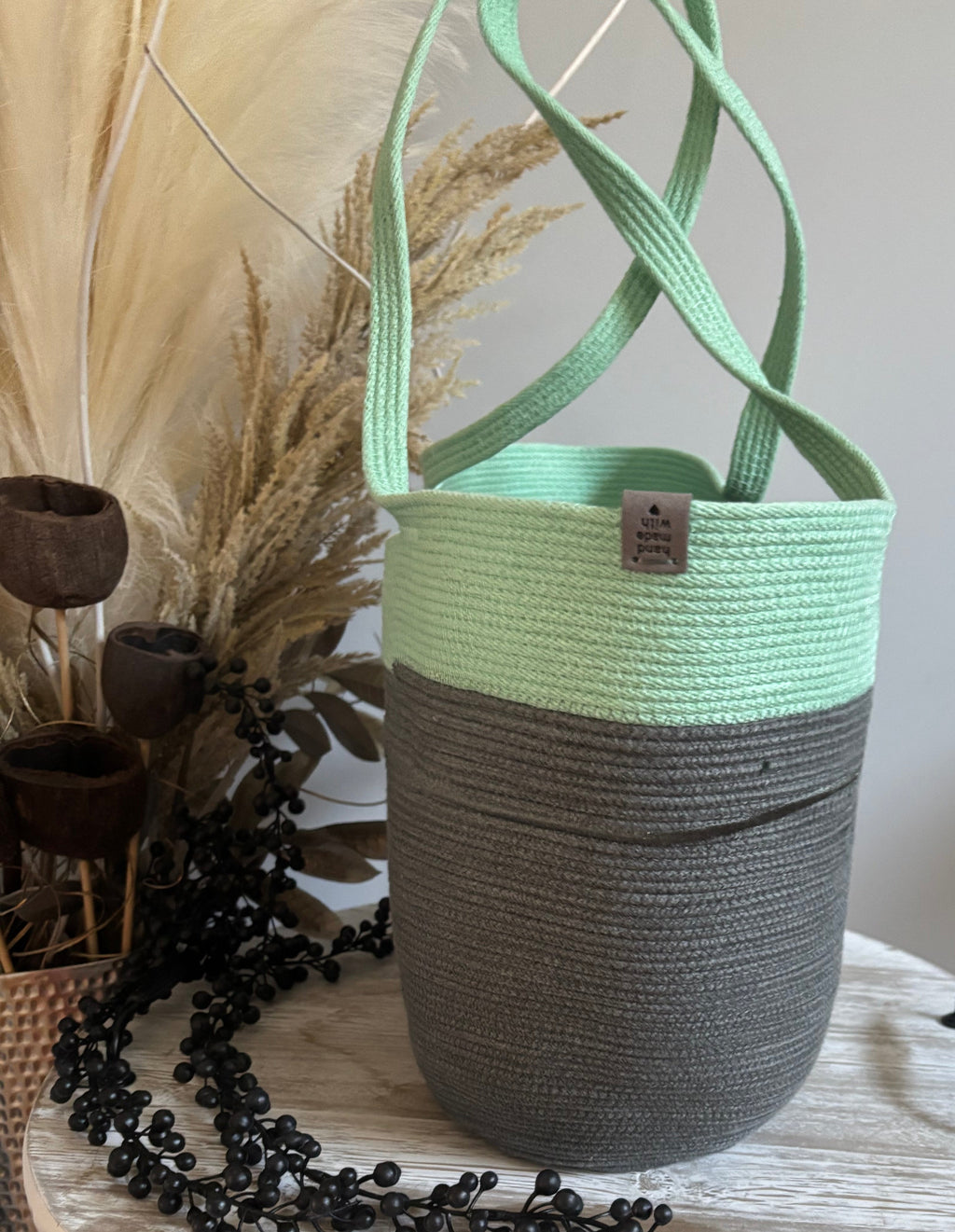 Handmade Cotton Tote BAG Mint and Gray bag