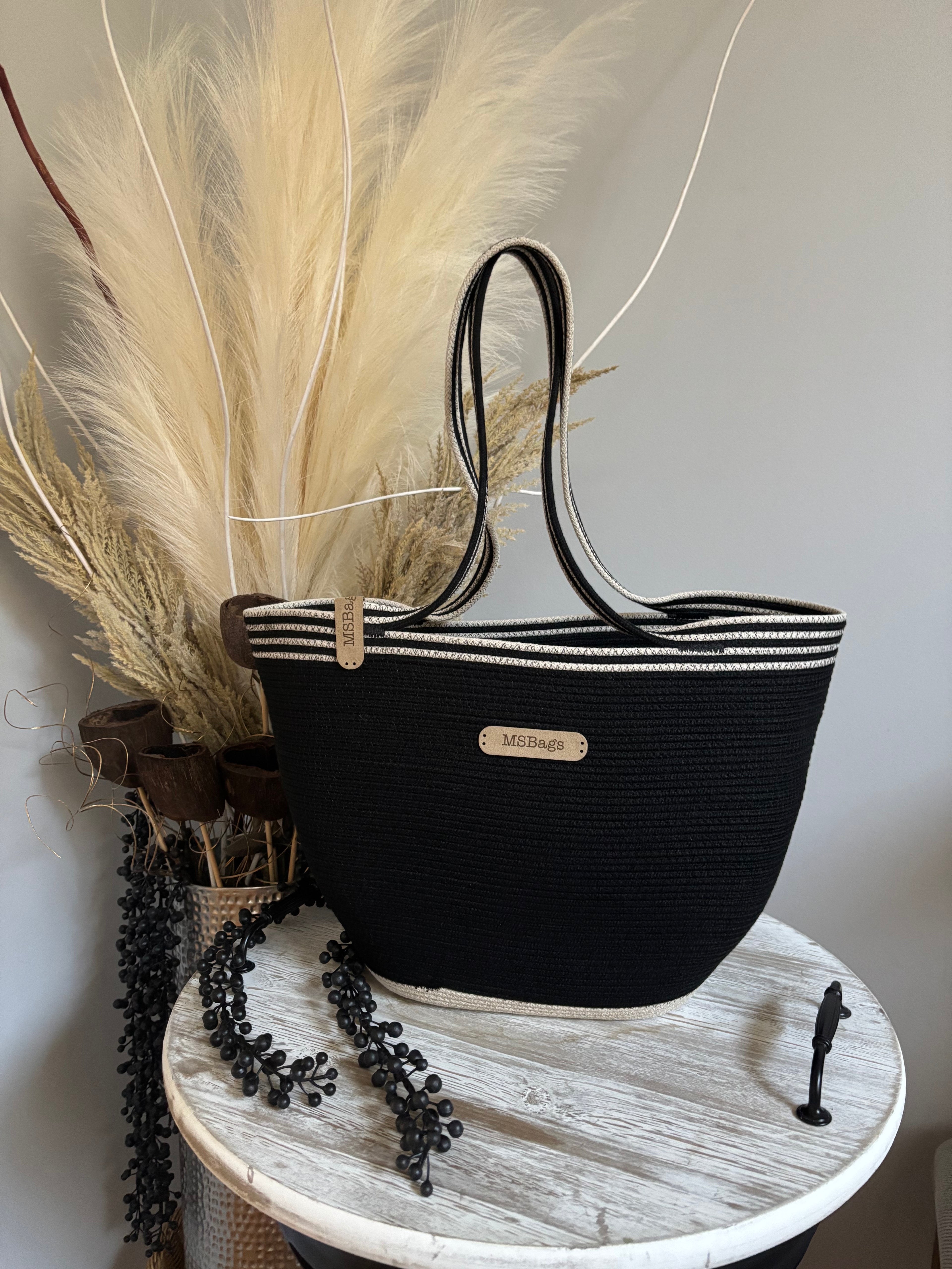 Handmade Cotton Tote BAG Black and Beige bag