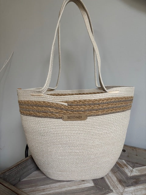 Handmade Cotton Tote BAG Beige with Jute rope Braided Detailed