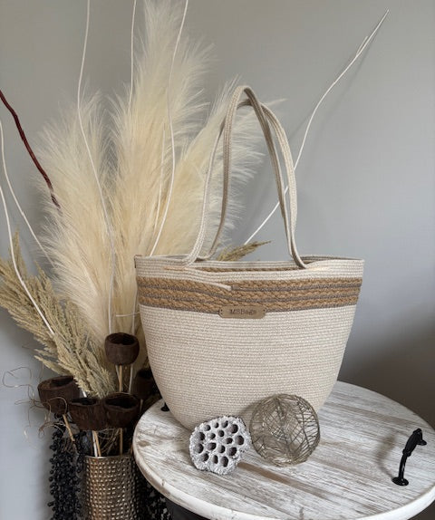 Handmade Cotton Tote BAG Beige with Jute rope Braided Detailed