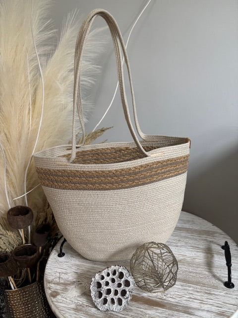 Handmade Cotton Tote BAG Beige with Jute rope Braided Detailed
