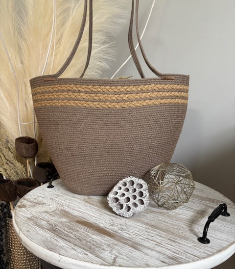 Handmade Cotton Tote BAG Brown with Jute rope Braided Detailed