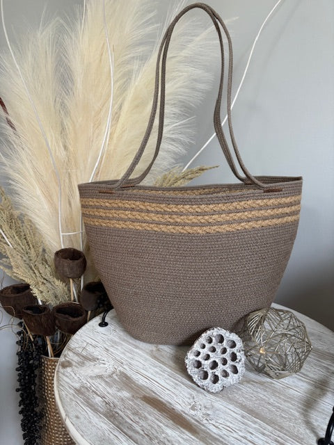 Handmade Cotton Tote BAG Brown with Jute rope Braided Detailed