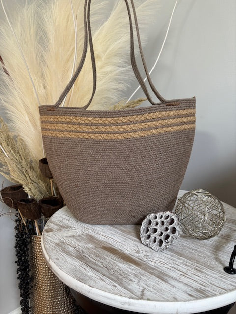 Handmade Cotton Tote BAG Brown with Jute rope Braided Detailed